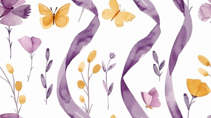 Naklejka premium Seamless watercolor pattern with delicate purple flowers and yellow butterflies on a white background, perfect for spring designs and textiles.