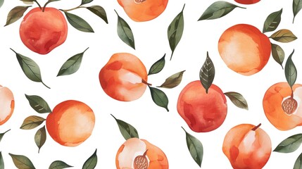 Vibrant watercolor pattern of hand-drawn peaches in a seamless design