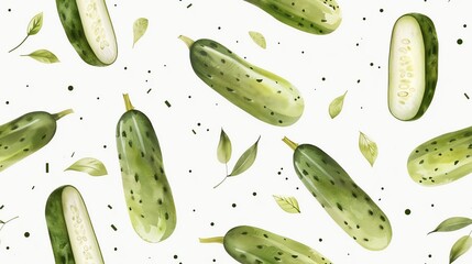 Watercolor cucumbers in a seamless pattern with hand-drawn minimalist style