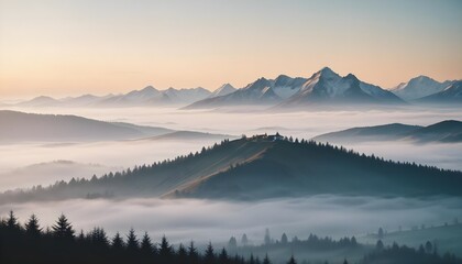 mountain layers and sunrise view in cold and foggy weather.