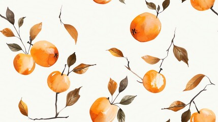 Watercolor seamless pattern of hand-drawn persimmons with rich oranges