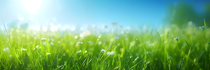 Obraz premium sunny spring meadow blur background blue sky to green grass gradient