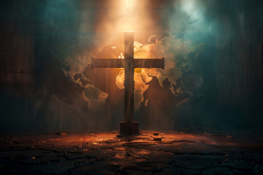 A Solitary Cross Casts Its Shadow Over a World Map - Powered by Adobe