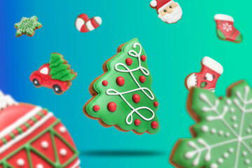 Tasty Christmas cookies of different shapes in air on color gradient background