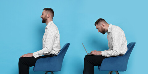 Man with poor and good posture on light blue background. Collage of photos