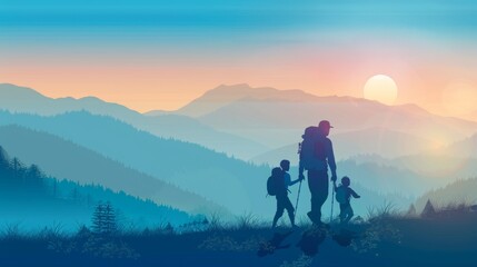 Obraz premium Flat design side view of family hiking in the mountains with adventure bonding theme animation.