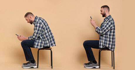 Man with poor and good posture on beige background. Collage of photos