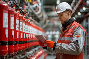 Safety Engineer Checking Fire Extinguishers in Industrial Facility