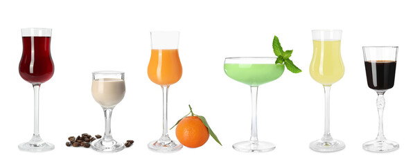 Different tasty liqueurs in glasses on white background, collection