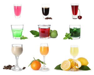 Different tasty liqueurs in glasses on white background, collection