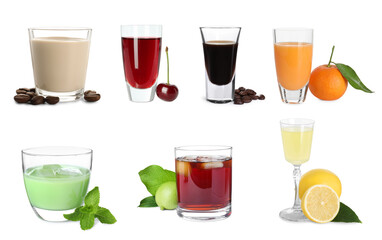 Different tasty liqueurs in glasses on white background, collection