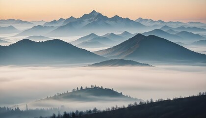 Obraz premium mountain layers and sunrise view in cold and foggy weather.