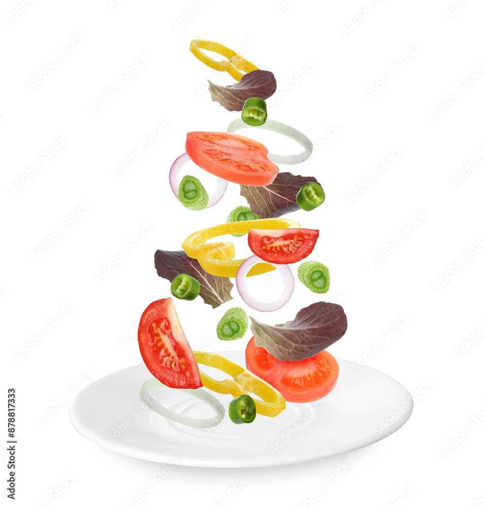 Sticker Fresh vegetables for salad falling onto plate on white background