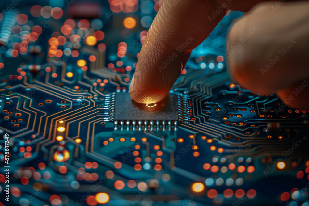Poster A Fingertip's Touch on the Heart of Technology: A Close-Up of a Microchip on a Circuit Board