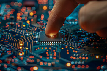 A Fingertip's Touch on the Heart of Technology: A Close-Up of a Microchip on a Circuit Board