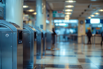A Serene Row of Automated Access Control Turnstiles in a Modern Office Building