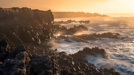 Obraz premium Wonderful early light on the dark lava slabs that line the craggy island San Jable