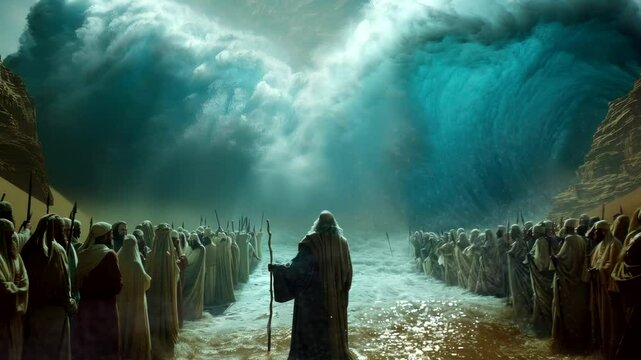a moment prophet moses split sea into two parts, ilustration  video animation background Seamless looping  4k quality