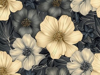 Modern floral pattern with repeating linear petals, monochrome style