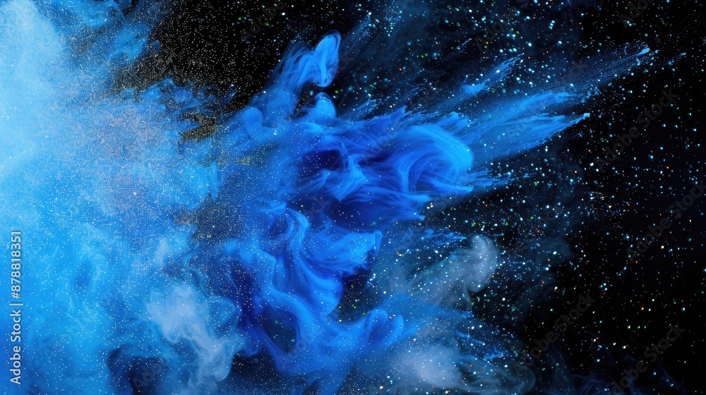 Canvas Prints blue glittering mist of acrylic paint on black abstract background