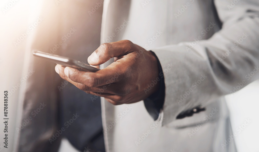 Aufkleber Phone, hand and businessman with online communication for networking with investment client. Cellphone, information and closeup of financial advisor scroll on mobile app for stock market research.