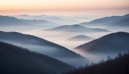 Fototapeta premium mountain layers and sunrise view in cold and foggy weather.