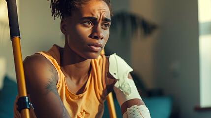 Individual with Cast or Brace on Arm, Showing Determined Expression and Adaptive Measures