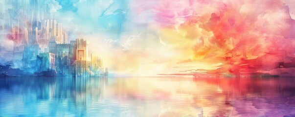 Capture a long shot of a surreal fortress merging with a dreamy landscape, symbolizing the subconscious mind, in a painterly watercolor style