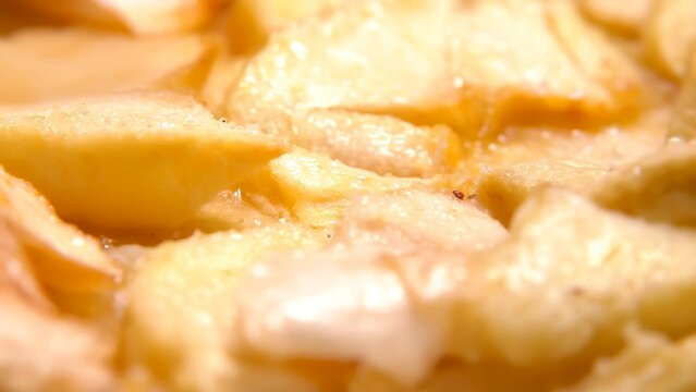 Knife cuts a piece of apple pie close up. High quality 4k footage