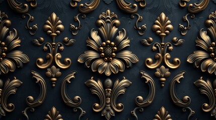 A seamless damask pattern for luxury wallpaper with golden elements on black.