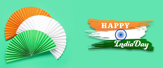 Indian flag made of colorful fans on green background