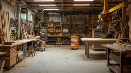 Well-equipped woodworking shop with large workspace and assorted tools