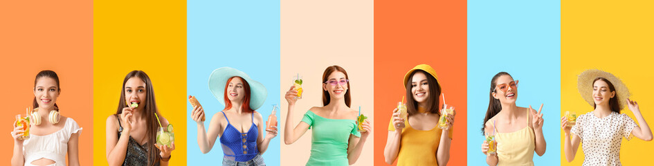 Set of beautiful women drinking lemonade on color background