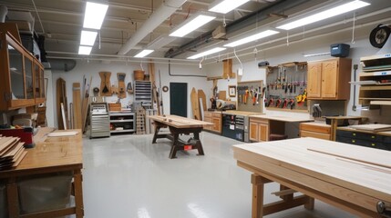 Well-lit woodworking shop with workbenches and tools