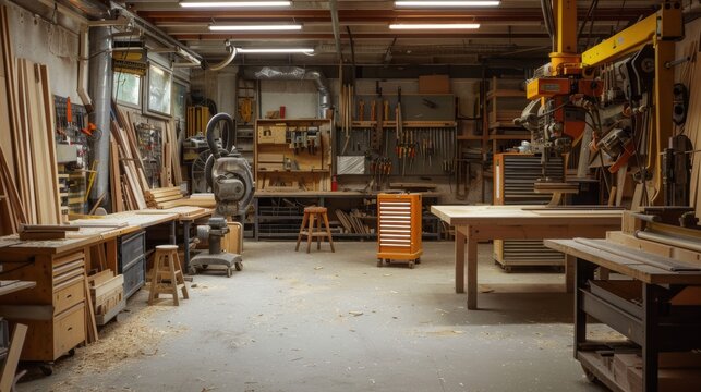 Well-equipped woodworking shop with large workspace and assorted tools