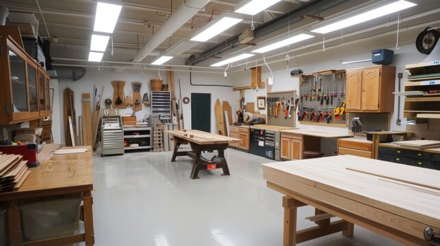 Well-lit woodworking shop with workbenches and tools