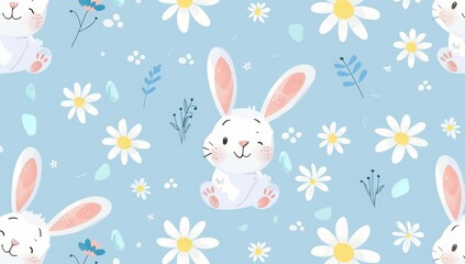 This seamless pattern features bunny rabbit cartoons, a foot print, and a daisy flower on a blue background.