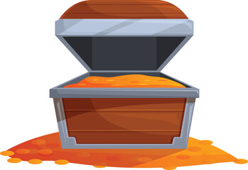 Open wooden chest overflowing with gold coins, treasure chest standing on a pile of gold