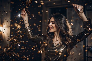 Fototapeta premium A party. A beautiful, happy girl in a stylish festive dress surrounded by gold confetti and sequins. The concept of celebrating a birthday and a happy new year. Close-up.