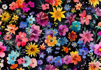 A pattern of flowers of different colors and sizes - illustration