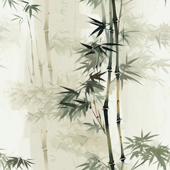 Bamboo forest seamless pattern on light background. Asian concept. Green bamboo stalks and leaves. Watercolor or ink traditional orientalist illustration for design print, wallpaper, textile, fabric