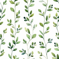 Seamless watercolor pattern with tree branches. Green branches on white background.