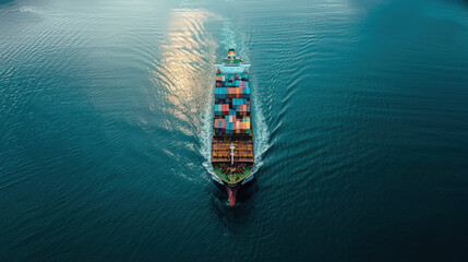 Cargo ship moving steadily through calm ocean waters, reflecting maritime commerce and global transportation.