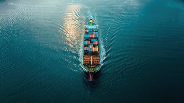 Cargo ship moving steadily through calm ocean waters, reflecting maritime commerce and global transportation.