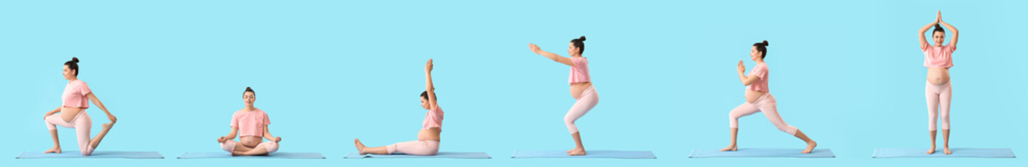Obraz premium Set of young pregnant woman practicing yoga on light blue background