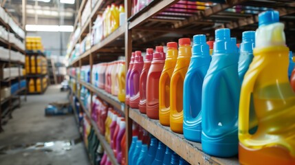Industrial cleaning supplies in a warehouse showcasing various colorful detergent bottles