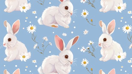 Obraz premium Modern pattern with bunny rabbit cartoons, foot print and daisy flower on blue background.