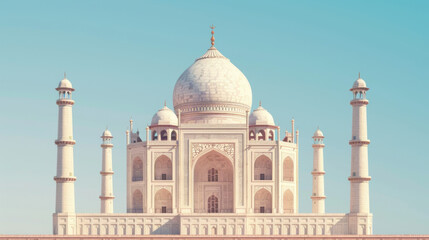 Obraz premium A breathtaking view of the iconic Taj Mahal under a clear blue sky, showcasing its stunning architecture and historical significance.