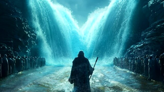 a moment prophet moses split sea into two parts, ilustration  video animation background Seamless looping  4k quality
