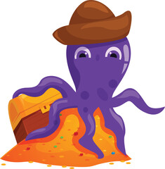 Cartoon octopus with treasure chest standing on a pile of gold, concept of pirate, finding treasure, wealth and adventure